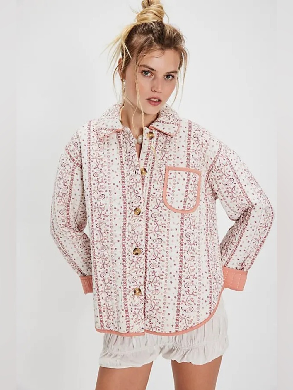 Free People Alexie Jacket Quilted Paisley Floral Ivory Maroon Shacket XL - Picture 1 of 7